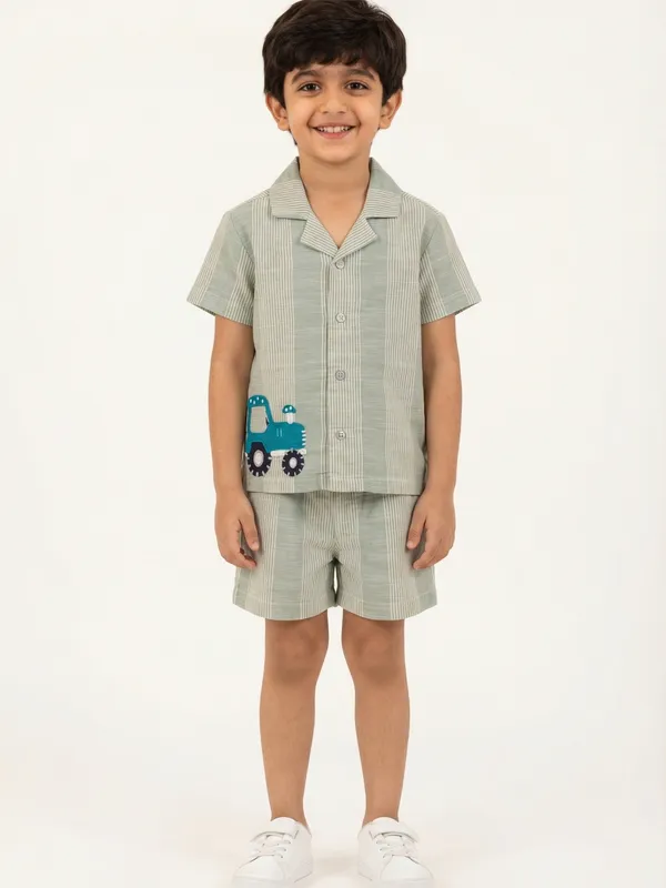 Boys_Organic_Cotton_Woven_Short_Sleeve_Vehical_Embroidered_Applique_Shirt_And_Shorts_Set_Green