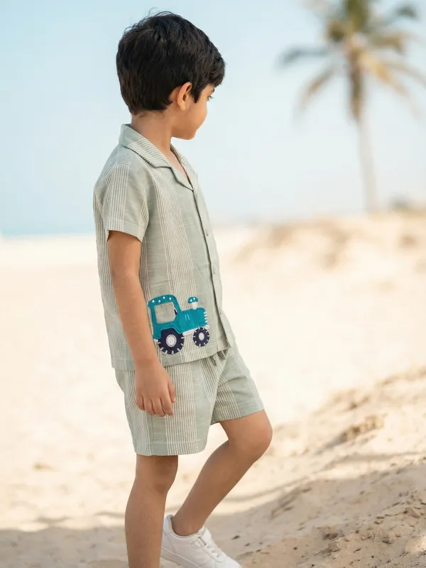 Boys_Organic_Cotton_Woven_Short_Sleeve_Vehical_Embroidered_Applique_Shirt_And_Shorts_Set_Green
