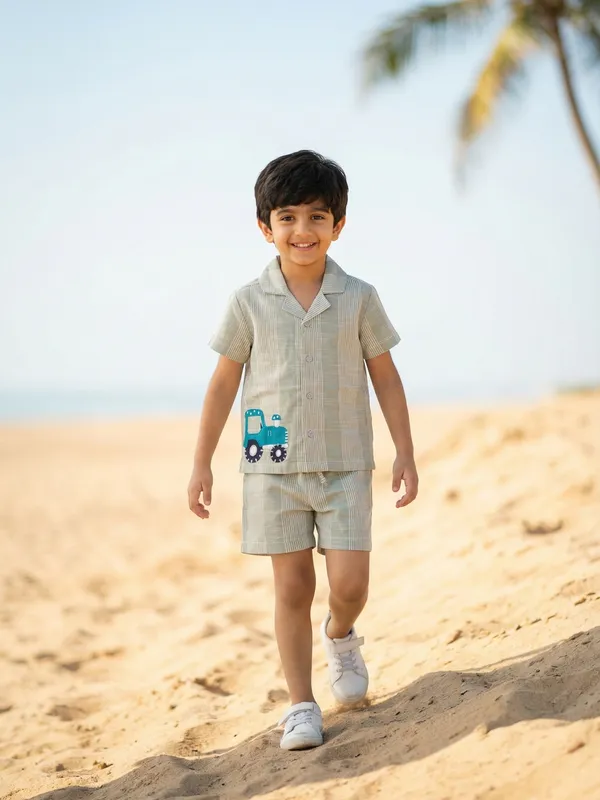 Boys_Organic_Cotton_Woven_Short_Sleeve_Vehical_Embroidered_Applique_Shirt_And_Shorts_Set_Green