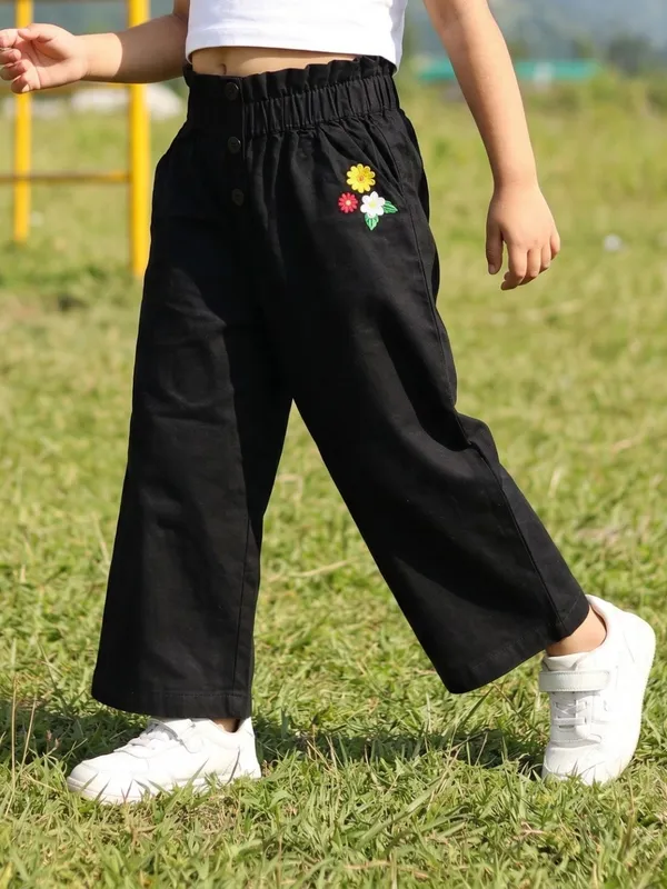 Girls_Organic_Cotton_Crape_Ankle_Length_Flowers_Embroidered_Pant_Black