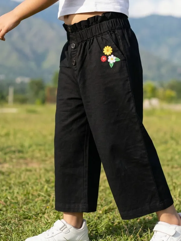 Girls_Organic_Cotton_Crape_Ankle_Length_Flowers_Embroidered_Pant_Black