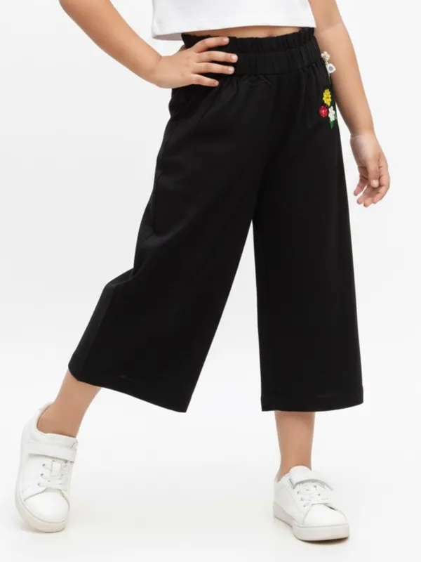 Girls_Organic_Cotton_Crape_Ankle_Length_Flowers_Embroidered_Pant_Black