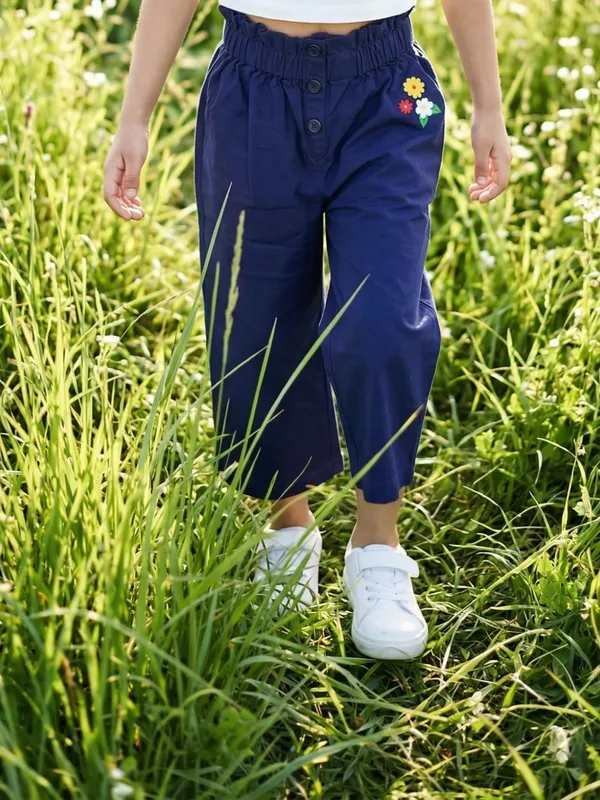Girls_Organic_Cotton_Crape_Ankle_Length_Flowers_Embroidered_Pant_Navy_Blue
