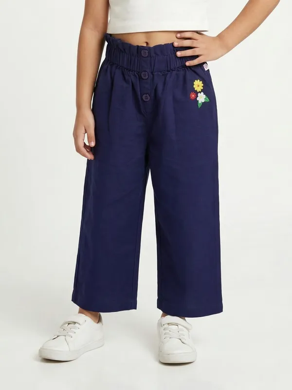 Girls_Organic_Cotton_Crape_Ankle_Length_Flowers_Embroidered_Pant_Navy_Blue