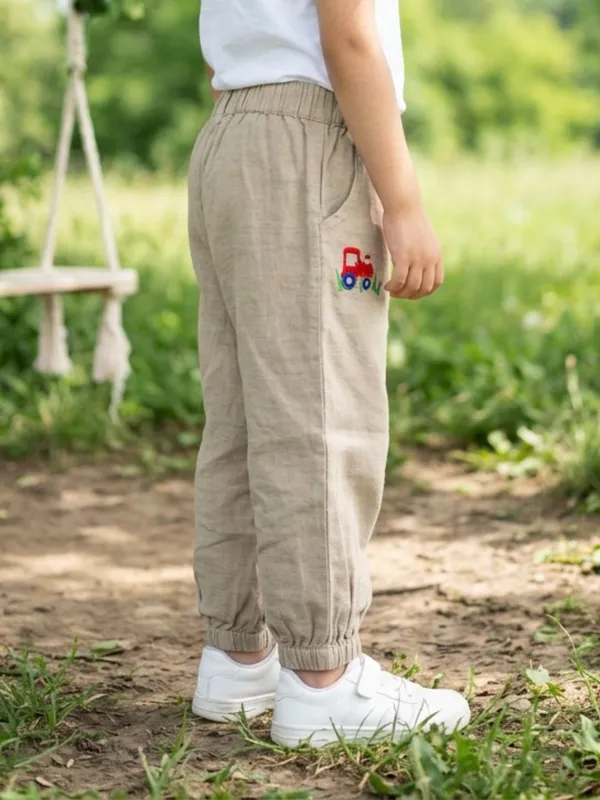 Unisex_Organic_Cotton_Chambray_Full_Length_Small_Tractor_Embroidered_Pant_Khaki