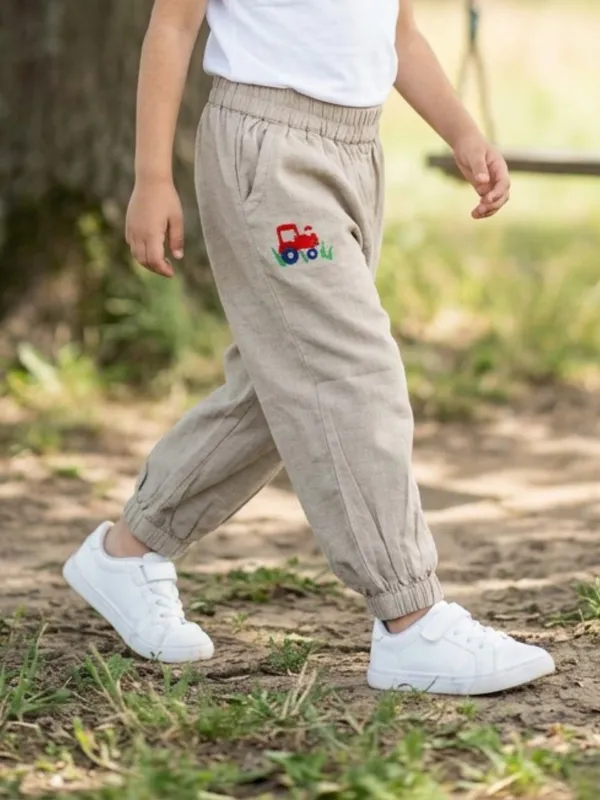 Unisex_Organic_Cotton_Chambray_Full_Length_Small_Tractor_Embroidered_Pant_Khaki