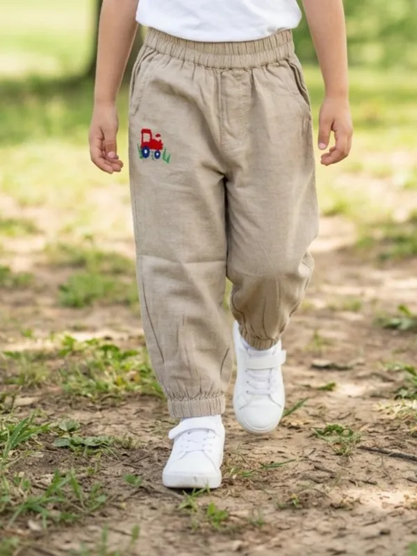 Unisex_Organic_Cotton_Chambray_Full_Length_Small_Tractor_Embroidered_Pant_Khaki