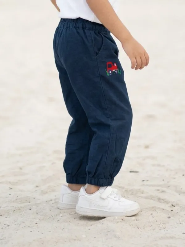 Unisex_Organic_Cotton_Chambray_Full_Length_Racket_Embroidered_Pant_Blue