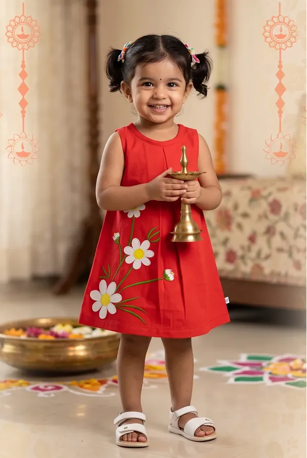 Girls_Organic_Cotton_A-line_Dress_with_Floral_Embriodery-Red
