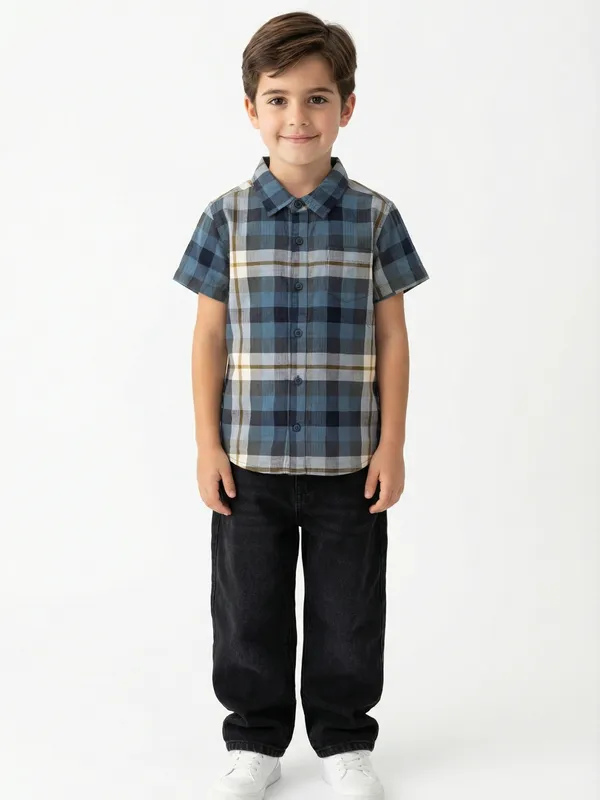 Boys_Organic_Cotton_Checks_Short_Sleev_Solid_Shirt_Blue