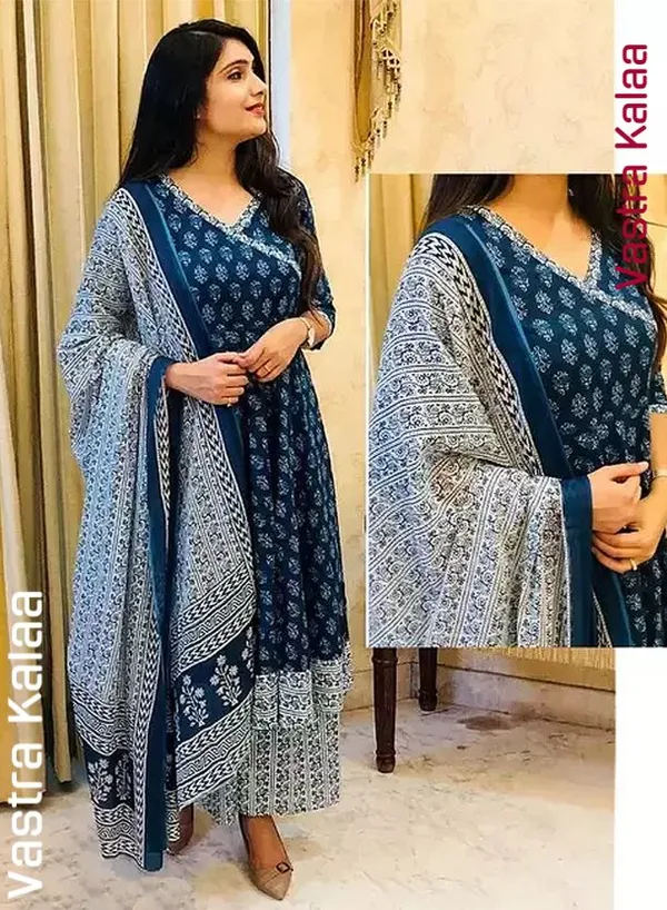 Indigo_Blue_And_White_Cotton_Floral_Anarkali_Kurta_Set_With_Palazzo_For_Women
