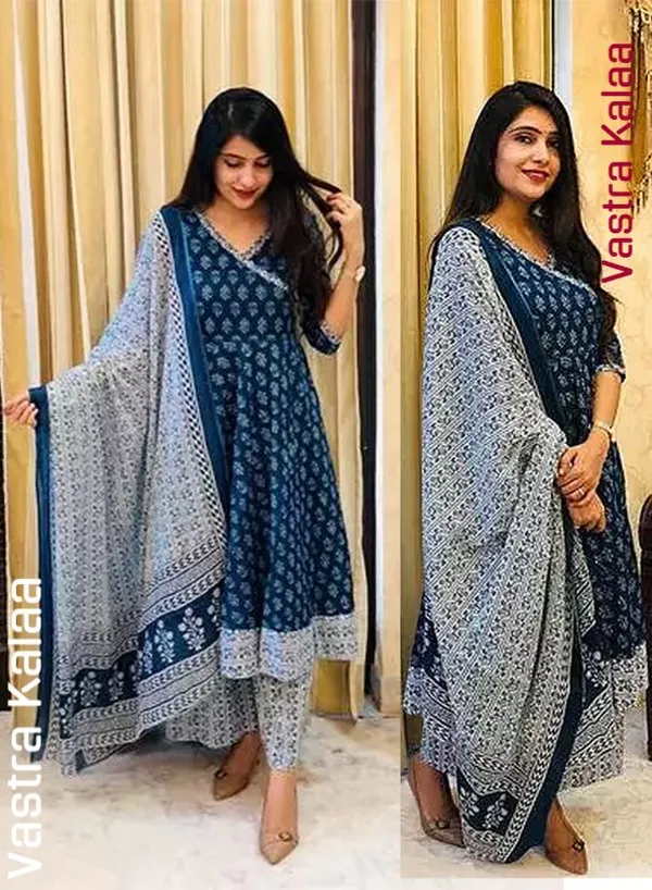 Indigo_Blue_And_White_Cotton_Floral_Anarkali_Kurta_Set_With_Palazzo_For_Women
