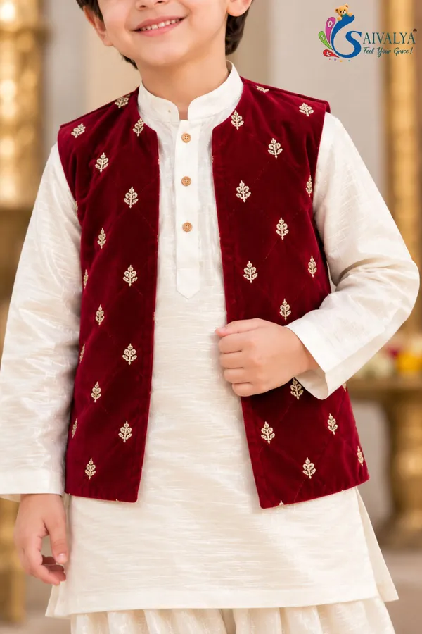 Boys_Off_White_Slub_Cotton_Kurta_Dhoti_Set_with_Wine_Maroon_Velvet_Jacket_–_Festive_Ethnic_Wear