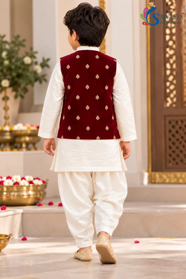 Boys_Off_White_Slub_Cotton_Kurta_Dhoti_Set_with_Wine_Maroon_Velvet_Jacket_–_Festive_Ethnic_Wear