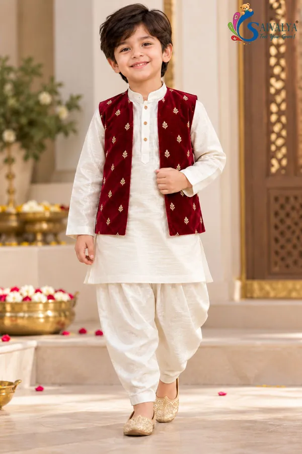 Boys_Off_White_Slub_Cotton_Kurta_Dhoti_Set_with_Wine_Maroon_Velvet_Jacket_–_Festive_Ethnic_Wear