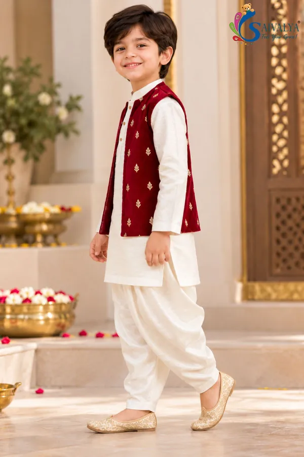 Boys_Off_White_Slub_Cotton_Kurta_Dhoti_Set_with_Wine_Maroon_Velvet_Jacket_–_Festive_Ethnic_Wear