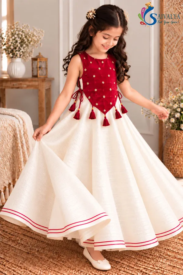 Girls_Off_White_Slub_Cotton_Full_Flared_Dress_with_Red_Velvet_Koti_–_Festive_Ethnic_Wear