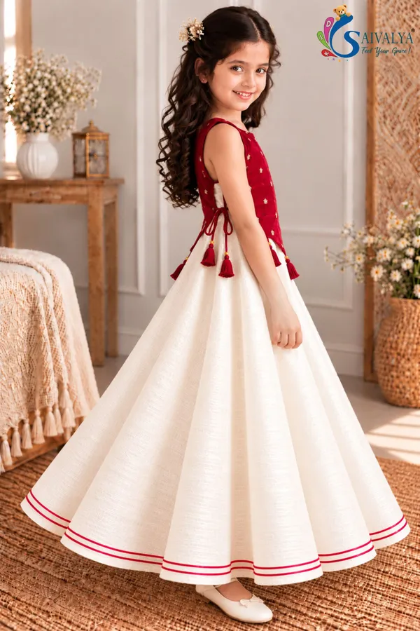 Girls_Off_White_Slub_Cotton_Full_Flared_Dress_with_Red_Velvet_Koti_–_Festive_Ethnic_Wear
