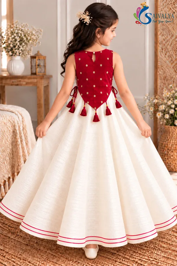 Girls_Off_White_Slub_Cotton_Full_Flared_Dress_with_Red_Velvet_Koti_–_Festive_Ethnic_Wear