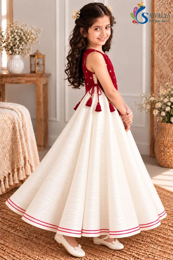 Girls_Off_White_Slub_Cotton_Full_Flared_Dress_with_Red_Velvet_Koti_–_Festive_Ethnic_Wear