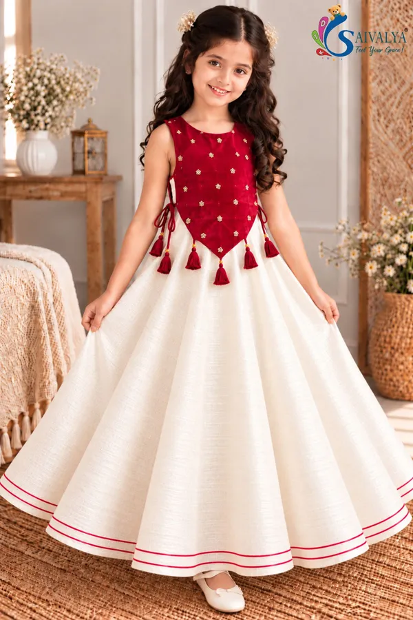 Girls_Off_White_Slub_Cotton_Full_Flared_Dress_with_Red_Velvet_Koti_–_Festive_Ethnic_Wear
