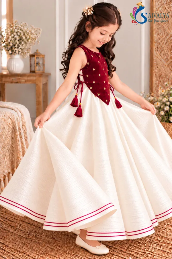 Girls_Off_White_Slub_Cotton_Full_Flared_Dress_with_Wine_Velvet_Koti_–_Festive_Ethnic_Wear