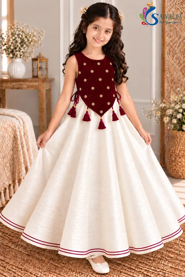 Girls_Off_White_Slub_Cotton_Full_Flared_Dress_with_Wine_Velvet_Koti_–_Festive_Ethnic_Wear