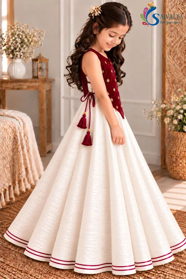Girls_Off_White_Slub_Cotton_Full_Flared_Dress_with_Wine_Velvet_Koti_–_Festive_Ethnic_Wear