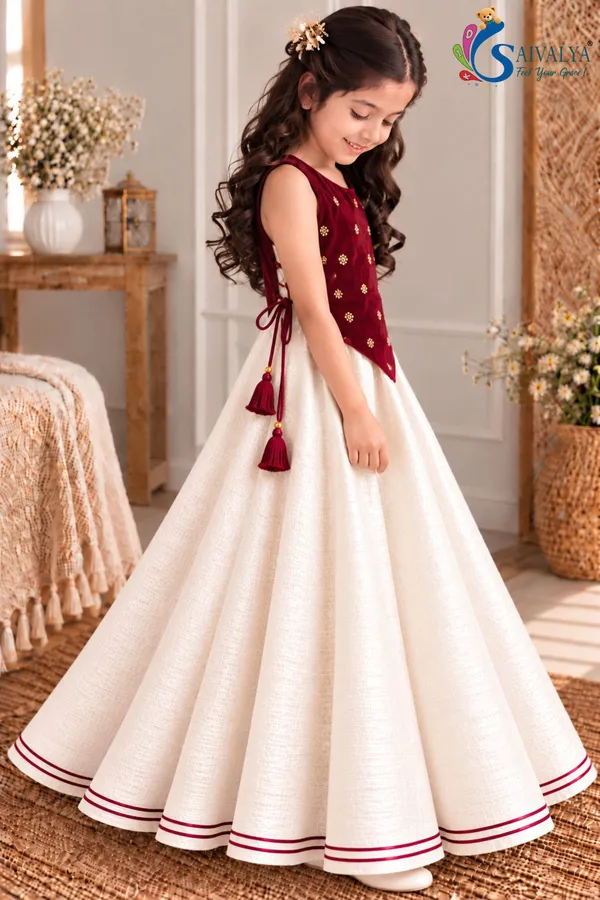Girls_Off_White_Slub_Cotton_Full_Flared_Dress_with_Wine_Velvet_Koti_–_Festive_Ethnic_Wear