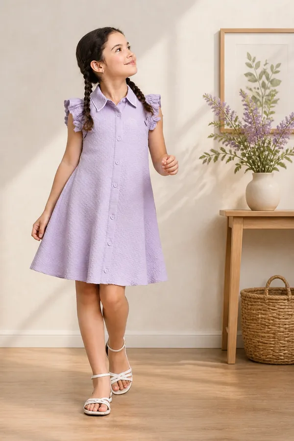 Lavender_Polyester_Cotton_Button_Down_Dress_For_Girls