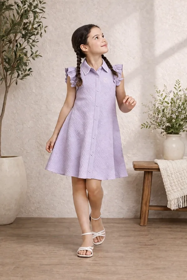 Lavender_Polyester_Cotton_Button_Down_Dress_For_Girls