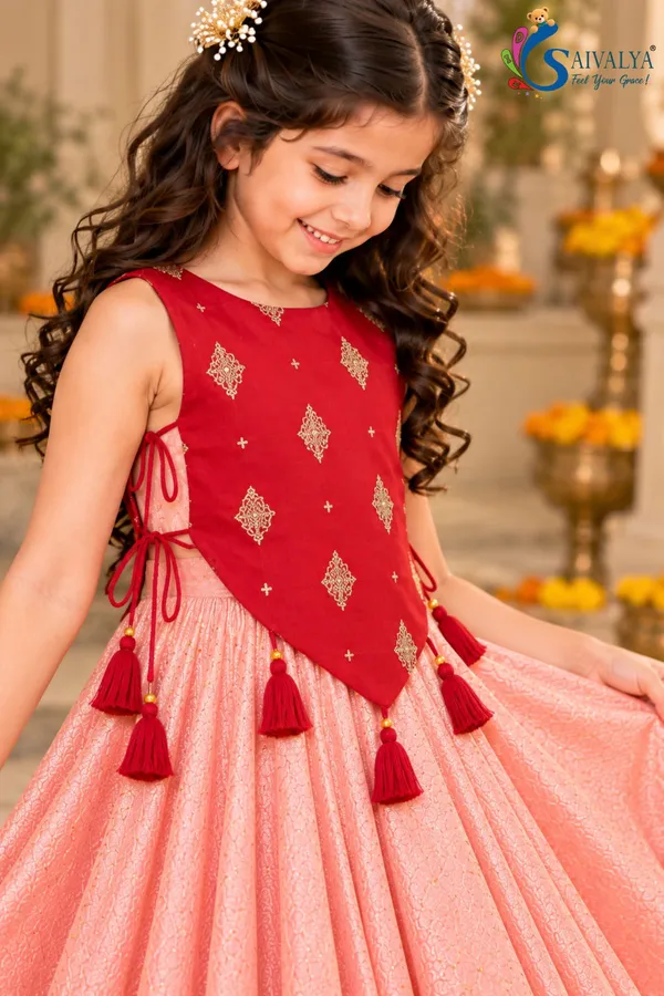 Peach_Pink_Soft_Brocade_Flared_Gown_with_Ruby_Red_Detachable_Koti_Jacket
