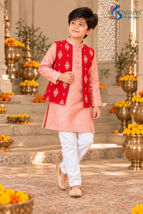 Peach_Pink_Soft_Brocade_Kurta_Pant_Set_with_Ruby_Red_Art_Silk_Jacket_for_Boys