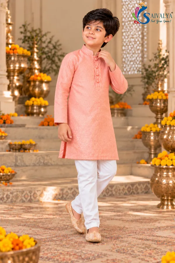 Peach_Pink_Soft_Brocade_Kurta_Pant_Set_with_Ruby_Red_Art_Silk_Jacket_for_Boys
