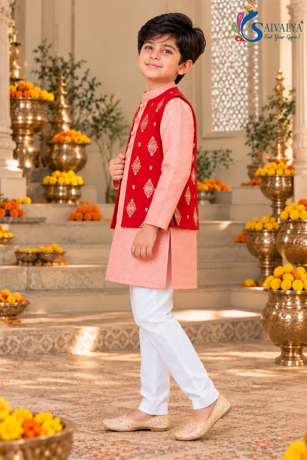Peach_Pink_Soft_Brocade_Kurta_Pant_Set_with_Ruby_Red_Art_Silk_Jacket_for_Boys