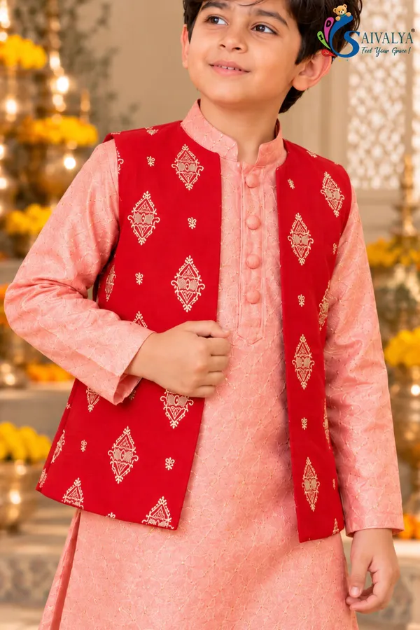 Peach_Pink_Soft_Brocade_Kurta_Pant_Set_with_Ruby_Red_Art_Silk_Jacket_for_Boys