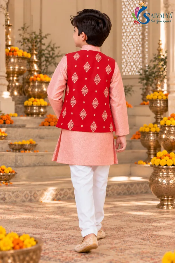 Peach_Pink_Soft_Brocade_Kurta_Pant_Set_with_Ruby_Red_Art_Silk_Jacket_for_Boys