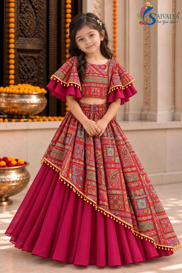 Rani_pink_Kalamkari_Asymmetric_Georgette_Lehenga_Set
