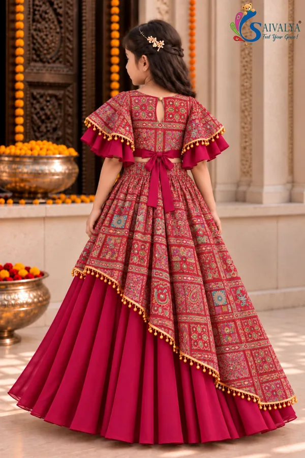 Rani_pink_Kalamkari_Asymmetric_Georgette_Lehenga_Set