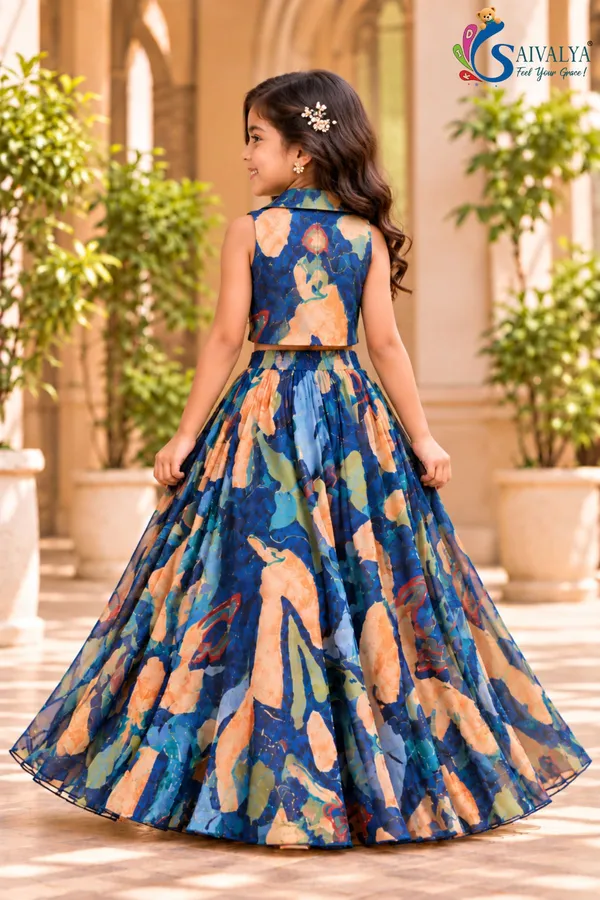 Royal_Blue_Kalamkari_Blossom_3_Piece_Crop_Top,_Jacket_&_Flared_Skirt_Set_for_Girls