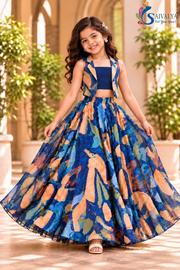 Royal_Blue_Kalamkari_Blossom_3_Piece_Crop_Top,_Jacket_&_Flared_Skirt_Set_for_Girls