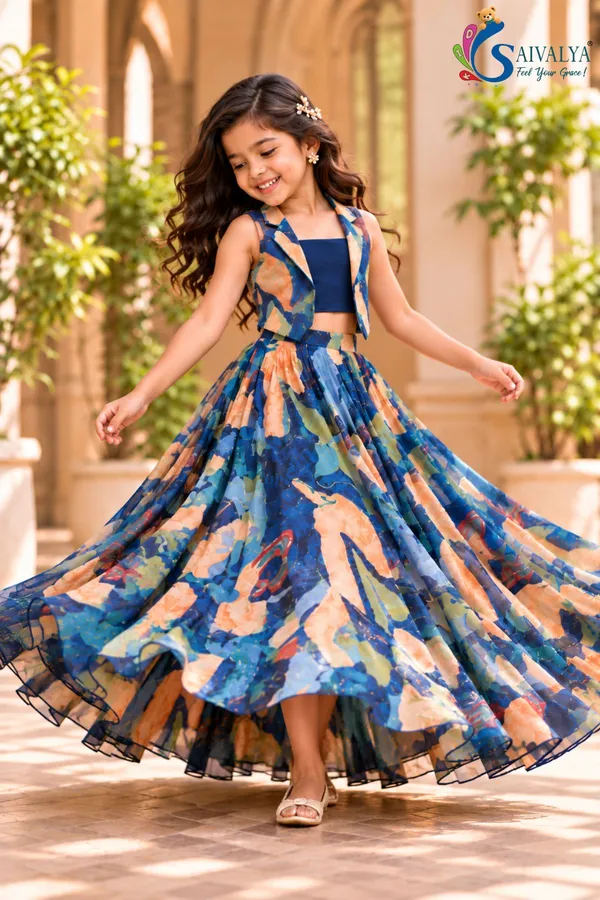 Royal_Blue_Kalamkari_Blossom_3_Piece_Crop_Top,_Jacket_&_Flared_Skirt_Set_for_Girls