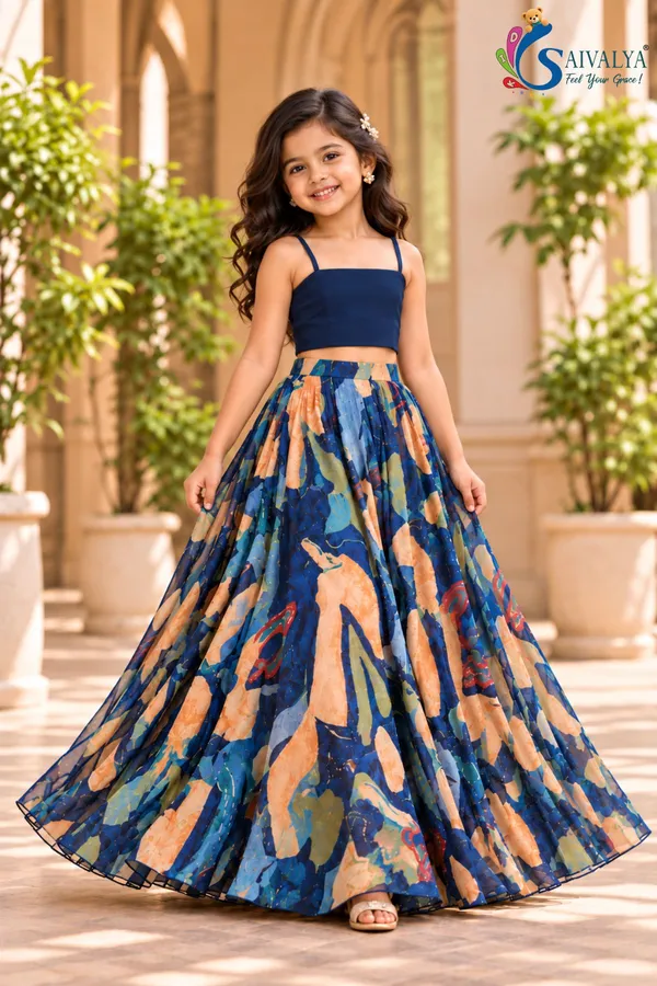 Royal_Blue_Kalamkari_Blossom_3_Piece_Crop_Top,_Jacket_&_Flared_Skirt_Set_for_Girls