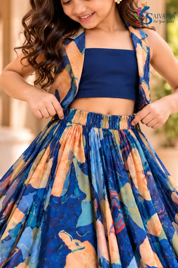 Royal_Blue_Kalamkari_Blossom_3_Piece_Crop_Top,_Jacket_&_Flared_Skirt_Set_for_Girls
