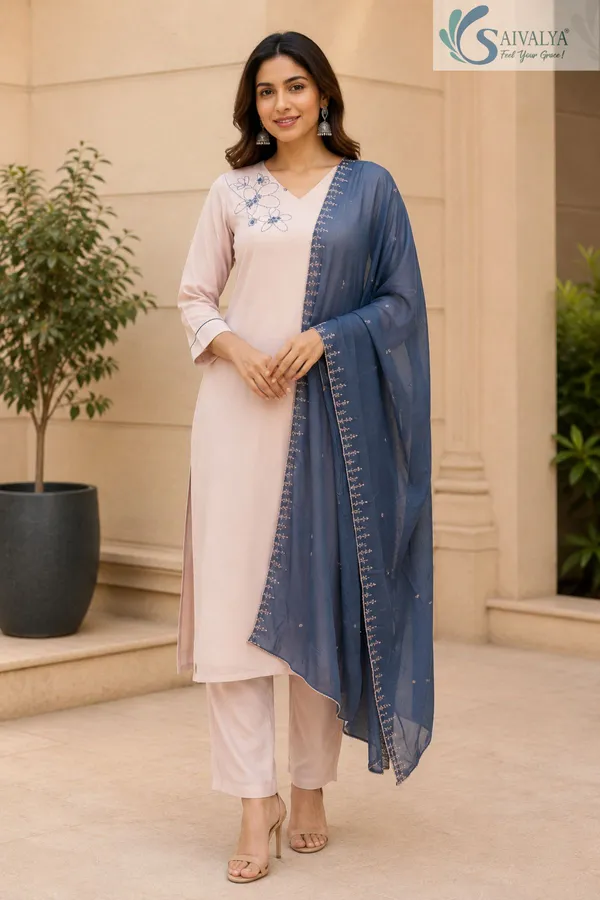 Saivalya_Blush_Rose_Embroidered_Kurta_Pant_Set_with_Blue_Tissue_Dupatta