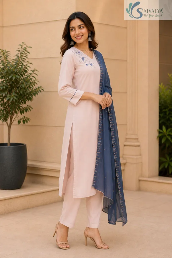 Saivalya_Blush_Rose_Embroidered_Kurta_Pant_Set_with_Blue_Tissue_Dupatta