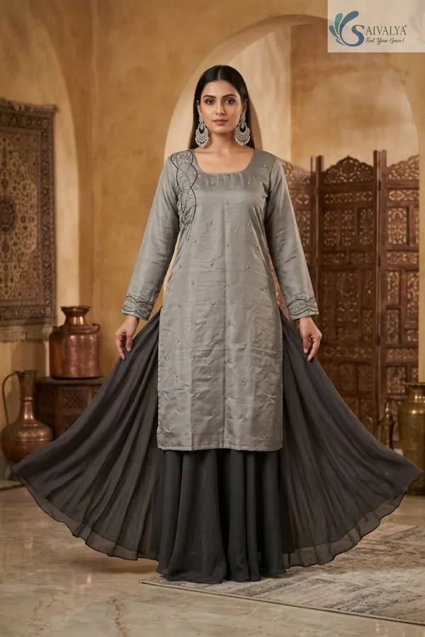 Saivalya_Noor_Grey_Embroidered_Kurta_with_Chiffon_Flared_Skirt