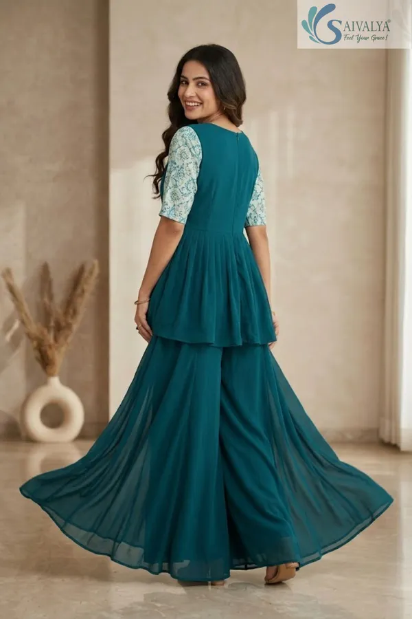 Saivalya_Teal_Grace_Georgette_Peplum_Palazzo_Set