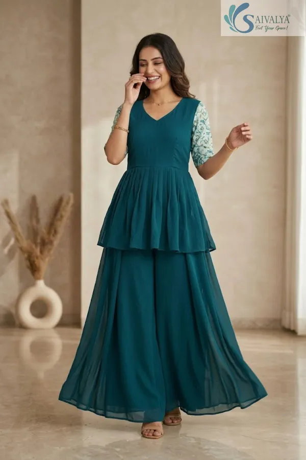 Saivalya_Teal_Grace_Georgette_Peplum_Palazzo_Set