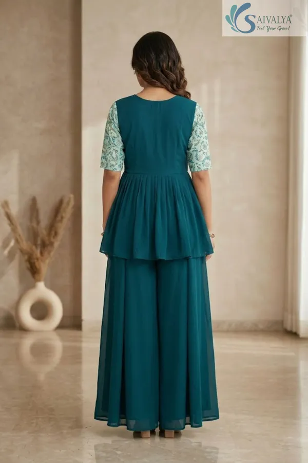 Saivalya_Teal_Grace_Georgette_Peplum_Palazzo_Set